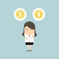 Businesswoman with Bitcoin or dollar choice. vector