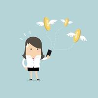 Businesswoman with money flying out from smartphone. vector