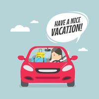 alegre empresaria viajando en coche con maletas y decir que tengas unas buenas vacaciones. vector