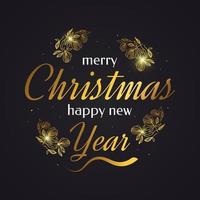 Merry Christmas and Happy New Year Banner or Poster with Golden Flowers. Elegant Christmas Greeting card in Black and Gold vector