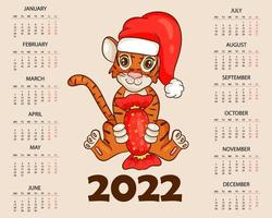 Calendar design template for 2022, the year of the tiger according to the Chinese or Eastern calendar, with an illustration of the tiger. Horizontal table with calendar for 2022. Vector