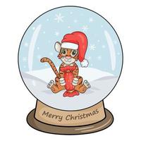Christmas crystal ball with winter landscape, tiger and big candy. Vector illustration isolated white background in cartoon style.