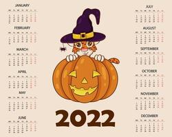 Calendar design template for 2022, the year of the tiger according to the Chinese or Eastern calendar, with an illustration of the tiger. Horizontal table with calendar for 2022. Vector