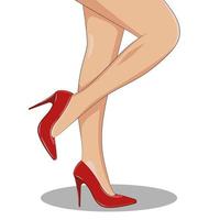 Slender female legs with red fashionable shoes on, side view, standing. vector