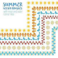 Vector set of colored pattern brushes, summer time and beach theme. Sun, flip flop, water drop and splash, crab, ice cream. Inner and outer corner tiles included.