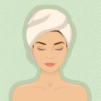 Portrait of beautiful woman relaxing, towel on her head, eyes closed. vector