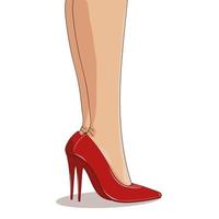 Red fashionable shoes on slender female legs. High spike heels, pointed toecaps. Vector illustration, isolated on white background. Cartoon style with lights and shadows. Feminine and glamour concept.