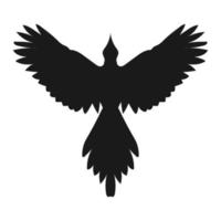 Silhouette of a flying magpie bird, front view with spread wings. Simple vector contour isolated on white background. Graphic magpie icon.