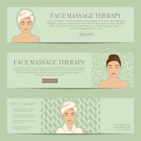 Set of horizontal banner, flyer or coupon templates. Beauty care, massage, relax and spa therapy concept. With portrait of beautiful girl in bathrobe, towel on head. vector