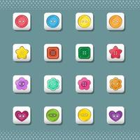 Vector collection of cute bright colorful square icons and stickers with sewing buttons.