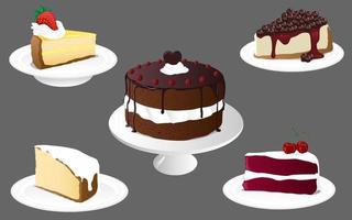 Dessert Chocolate Cake with White Filling and glossy Frosting and Various Cake Slices vector