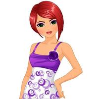 BJD Style Redhead Doll in Purple Dress. Vector Illustration Character