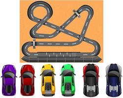 Realistic Glossy Race Cars Top View and Racing Track. Vector Illustration Background