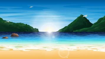 Fondo de paisaje de bahía de playa con montañas, rocas y gaviotas, al amanecer. ilustración vectorial