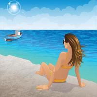 Tanned young woman in yellow swimsuit sitting on a rocky beach looking at a fishing boat on a sunny summer day vector