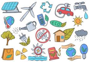 green energy ecology doodle hand drawn set collections with flat outline style vector