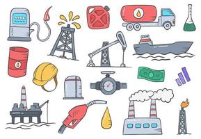 concepto de la industria del petróleo y el gas doodle conjunto de colecciones dibujadas a mano con estilo de contorno plano vector