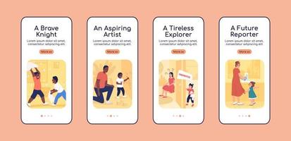 Children aspritation onboarding mobile app screen flat vector template. Walkthrough website 4 steps with characters. Growing up. Creative UX, UI, GUI smartphone cartoon interface, case prints set