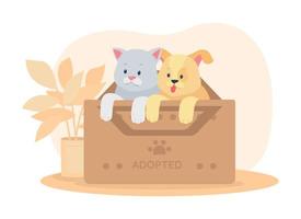 Rescued pets in box 2D vector isolated illustration. Saving animals. Dog and cat in container for shelter. Cute kitten and puppy flat characters on cartoon background. Adoption colourful scene