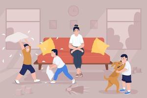 Stress of parenting flat color vector illustration. Children playing in living room. Anxious mom on couch. Overwhelmed mother with loud kids 2D cartoon characters with household interior on background