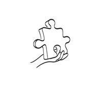 line art closeup hand holding 3D jigsaw puzzle illustration vector isolated on white background