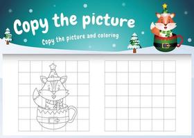 Copie la imagen del juego para niños y la página para colorear con un lindo zorro en la taza vector