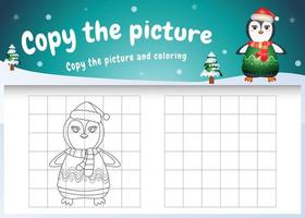 Copy the picture kids game and coloring page with a cute penguin using christmas costume vector