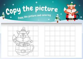 Copie la imagen del juego para niños y la página para colorear con un lindo zorro en la taza vector