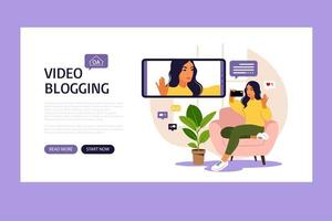 Woman video blogger sitting on sofa with phone and recording video with smartphone. Landing page. Different social media icons. Vector illustration in flat style.