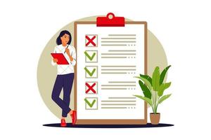 To do list concept. Woman is standing near large to do list. Vector illustration. Flat.