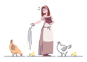 Medieval peasant girl feeding fowl flat vector illustration. Farmer with chickens isolated cartoon characters with outline elements on white background. Ancient animal breeding and agriculture