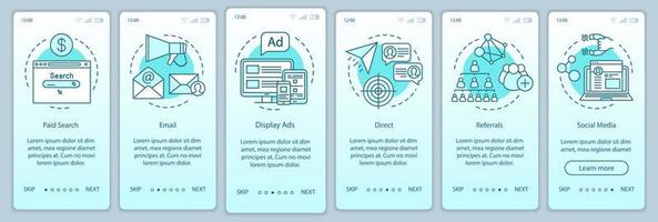 Marketing channels turquoise gradient onboarding mobile app page screen vector template. Ways of customer attraction walkthrough website steps with linear illustrations