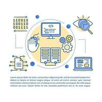 Software development article page vector template. Web programming. Brochure, magazine, booklet design element with linear icons and text boxes. Print design. Concept illustrations with text space