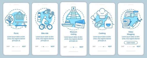 Family activities with kids onboarding mobile app page screen with linear concepts. Museum visiting. Five walkthrough steps graphic instructions. Bike ride. UX, UI, GUI vector template, illustrations
