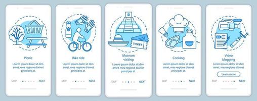 actividades familiares con niños incorporando la pantalla de la página de la aplicación móvil con conceptos lineales. visita al museo. instrucciones gráficas de cinco pasos de tutorial. paseo en bicicleta. ux, ui, plantilla de vector de interfaz gráfica de usuario, ilustraciones