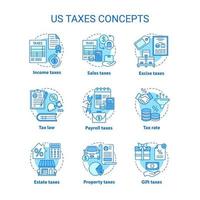 Estados Unidos impuestos concepto azul conjunto de iconos. tasa de porcentaje de impuestos idea ilustraciones de líneas finas. propiedad, ventas, impuestos especiales, impuestos sobre el patrimonio. carga financiera. dibujos de contorno aislados vectoriales. trazo editable vector