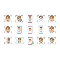 Facial recognition color icons set vector