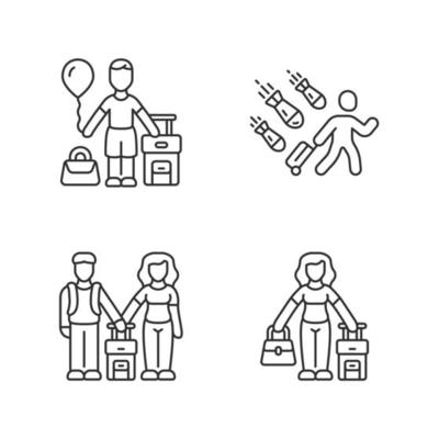 Refugees linear icons set. Couple, kid travel abroad with suitcase. Tourist, traveler. Family trip. Immigrant child. Thin line contour symbols. Isolated vector outline illustrations. Editable stroke