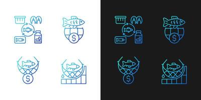 Iconos de gradiente de producción y comercio de productos pesqueros establecidos para el modo oscuro y claro vector