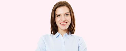 happy sexy brunette portrait on pink background, cute woman,smile face photo