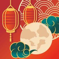 chinese lanterns moon and clouds vector