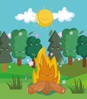 cute campfire and trees nature vector