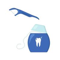 hilo dental en un recipiente y en forma de instrumento separado con mango, accesorios dentales vector