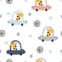 Transportation background for children Seamless pattern cartoon giraffe driving a car, hand drawn design in children's style. Use for prints, wallpaper, clothing, textiles Vector illustration.