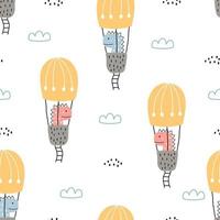 Cartoon Pattern Seamless Vector Background dinosaurs and Balloons floating in the sky Hand drawn design in children's style. Use for printing, wallpaper, decoration, textiles.