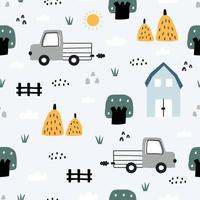 Farm seamless pattern Landscape background with tractor and house with haystacks. Hand drawn design in cartoon style. Use for print, wallpaper, decoration, fashion, vector illustration.