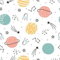 Space and stars seamless pattern for kids. Hand drawn stars background in cartoon style Use for prints, wallpaper, decorations, textiles. Vector illustration.