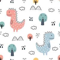 dinosaurio y árbol de patrones sin fisuras dibujado a mano fondo de animales de dibujos animados lindo en diseño de estilo infantil utilizado para impresión, papel tapiz, decoración, tela, ilustración vectorial textil