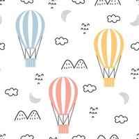 Cartoon pattern seamless vector background Balloons floating in the sky with clouds and mountains. Hand-drawn design in children's style. Use for printing, wallpaper, decoration, textiles.