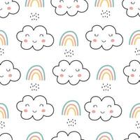 diseño de arco iris y nubes de patrones sin fisuras dibujado con la mano en estilo de dibujos animados utilizado para impresiones, fondos de productos para bebés, envoltura de regalos, ropa para niños, ilustración vectorial de textiles vector